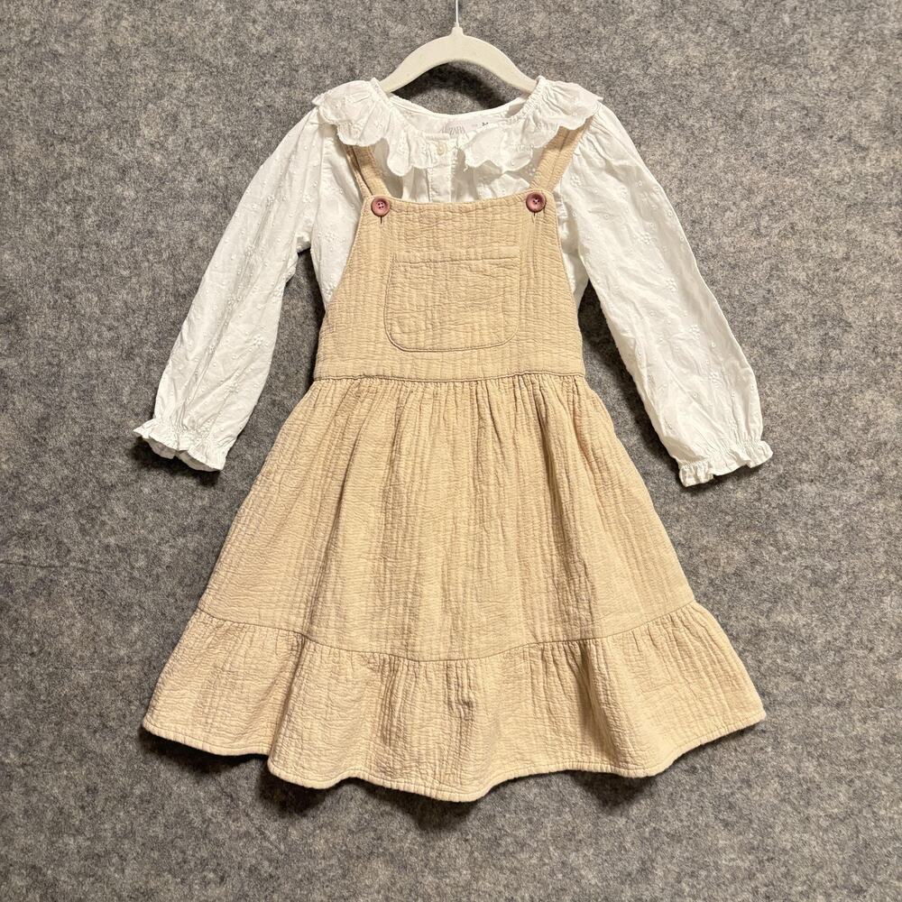 Zara Dress Set Girls Size 3 4 Years White Beige Ruffle Pinafore Overall Fall